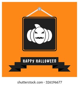 old Scary pumpkin icon. Black Happy Halloween Ribbon Banner on Orange background. Vector illustration