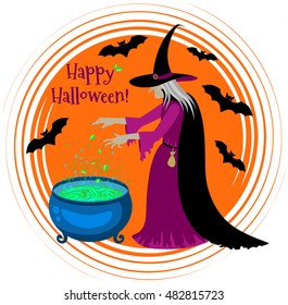 Old scary witch cooks a potion in a cauldron. Happy Halloween poster. Cartoon Halloween character.