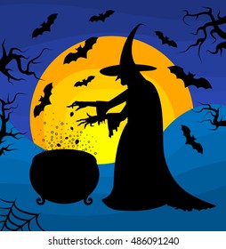 Old scary witch cooks a potion in a cauldron on sunset background. Halloween poster. Cartoon Halloween character.