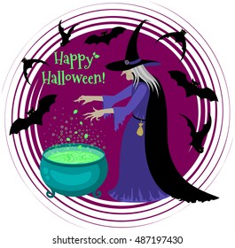 Old scary witch cooks a potion in a cauldron. Happy Halloween poster. Cartoon character.