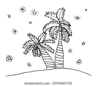 Old scenic view fun sea ocean grow 2 grass coco bush frond trip logo white paper backdrop text space Outline black ink pen pencil hand drawn funny eco floral scene retro scribble comic art print style