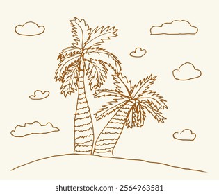 Old scenic view fun sea ocean grow 2 grass coco bush frond trip logo white paper backdrop text space Outline black ink pen pencil hand drawn funny eco floral scene retro scribble comic art print style