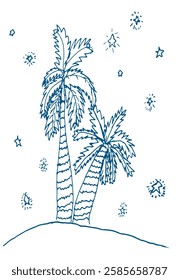 Old scenic view fun sea 2 coco bush trip logo white paper backdrop text space. Outline black pen pencil hand drawn funny eco floral palmtree scene logotype emblem retro scribble comic art print style