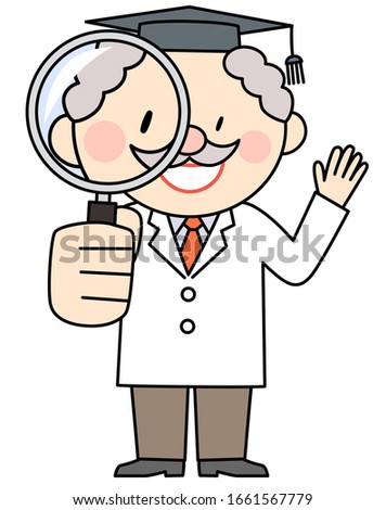 An old scholar looking through a magnifying glass