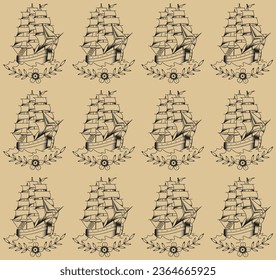 old scholl caravel tattoo pattern shaded with rose, beige background