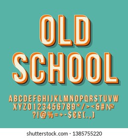 Old school 3d vector lettering. Retro bold typeface. Pop art stylized text. Vintage style letters, numbers, symbols pack. 90s, 80s poster, banner, t shirt typography design. Baby blue color background