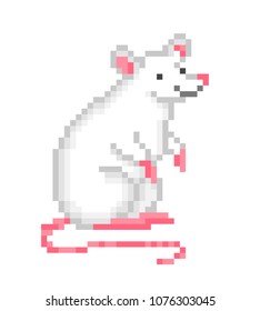 Old school 8 bit pixel art white mouse sitting on the ground isolated on white background. Retro video/pc game animal character. Slot machine graphics. Laboratory rat icon. Domestic pet rodent symbol.