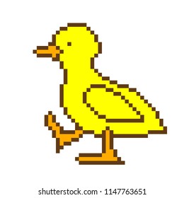 Old school 8 bit pixel art yellow duckling walking. Domestic farm animal isolated on white background. Gosling symbol. Baby bird character. Retro video/pc game/slot machine graphics. Domestic duck.