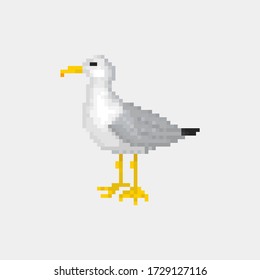 Old school 8 bit pixel art seagull standing on the ground.Sea bird icon isolated on white background. Side view gull symbol. Retro video/pc game character. Slot machine graphics. Summer vacation logo.