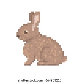 Old school 8 bit pixel art brown rabbit sitting on the ground. Cute pet bunny icon isolated on white background. Side view hare symbol. Retro video/pc game wild animal character. Slot machine graphics