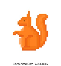 Old school 8 bit pixel art orange squirrel sitting on the ground icon isolated on white background. Retro video/pc game wild animal character. Slot machine graphics.