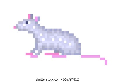 Old school 8 bit pixel art gray rat sitting on the ground isolated on white background. Retro video/pc game animal character. Slot machine graphics. Laboratory mouse icon. Pet domestic rodent symbol.