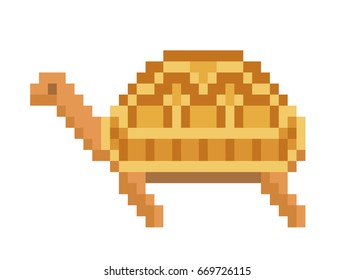 Old school 8 bit pixel art brown pet tortoise standing on the ground. Wild turtle icon isolated on white background. Zoo reptile symbol/sign/emblem. Retro video/pc game character.Slot machine graphics