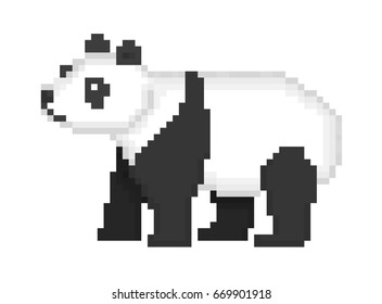 Old school 8 bit pixel art black and white giant panda bear standing on the ground isolated on white background. Chinese endangered species symbol. Wildlife animal icon. Retro video/pc game character.