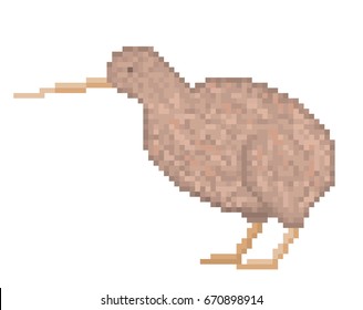 Old school 8 bit pixel art brown spotted kiwi bird standing on the ground isolated on white background. New Zealand national symbol. Endangered species animal. Retro video or computer game character.

