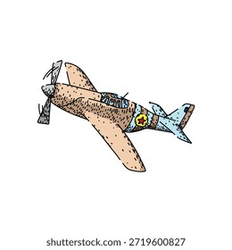Ilustración de aviones de la vieja escuela con una hélice giratoria y un emblema distintivo de la estrella en su fuselaje, que representa la aviación, la aventura y el diseño clásico de vuelo