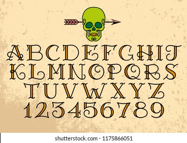 Old school alphabet tattoo. Tattoo is a font with a skull with an arrow on a grunge background.vector illustration.
