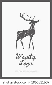 Old School American Logotype With High Detail Hand Drawn Vector Illustration Of Elk, Sketch. Vintage, Hipster, Retro Style