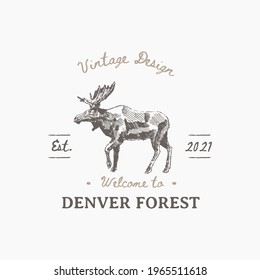 Old school American logotype with high detail hand drawn vector illustration of moose, sketch. Vintage, hipster, retro style