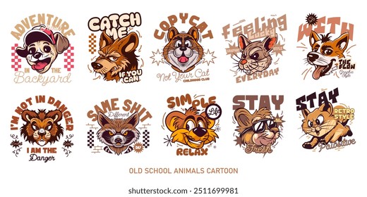 Old school animal cartoon character set, retro animals t shirt designs bundle, Animal graphic t shirt for print, groove graphic collection	
