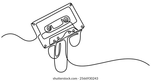 Old school audio cassette continuous line vector illustration, One continuous line drawing of audio cassette tape with notes. Retro and nostalgic music and mixtape concept for web banner in simple.