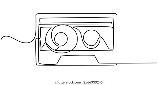 Old school audio cassette continuous line vector illustration, One continuous line drawing of audio cassette tape with notes. Retro and nostalgic music and mixtape concept for web banner in simple.