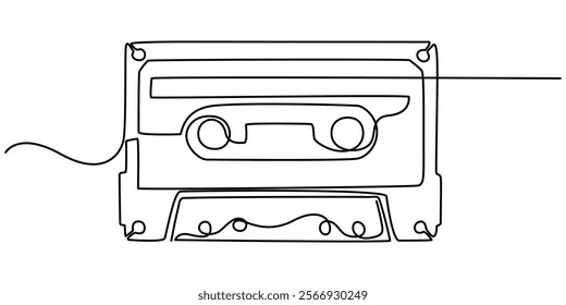 Old school audio cassette continuous line vector illustration, One continuous line drawing of audio cassette tape with notes. Retro and nostalgic music and mixtape concept for web banner in simple.