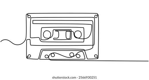 Old school audio cassette continuous line vector illustration, One continuous line drawing of audio cassette tape with notes. Retro and nostalgic music and mixtape concept for web banner in simple.