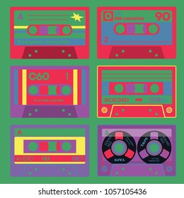 Old school audio cassettes set. Vintage technology illustration.
