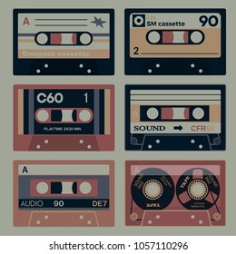 Old school audio cassettes set. Vintage technology illustration.