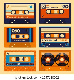 Old school audio cassettes set. Vintage technology illustration.