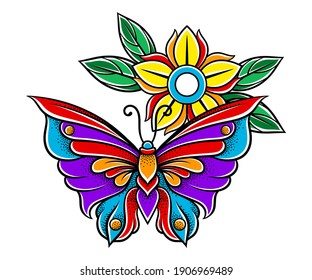 Old School Badge with Stylized Butterfly and Flower Vector Illustration