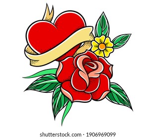 Old School Badge with Stylized Red Rose Bud and Heart with Ribbon Vector Illustration