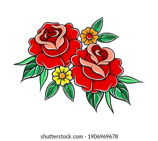 Old School Badge with Stylized Red Rose Bud Vector Illustration