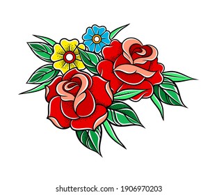 Old School Badge with Stylized Red Rose Bud Vector Illustration