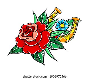 Old School Badge with Stylized Red Rose Bud and Horseshoe Vector Illustration