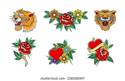 Old School Badge with Stylized Red Rose Bud, Heart and Tiger Head Vector Set