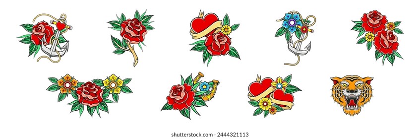 Insignias de la Vieja Escuela con Rosa, Corazón y Ancla Conjunto de Vector