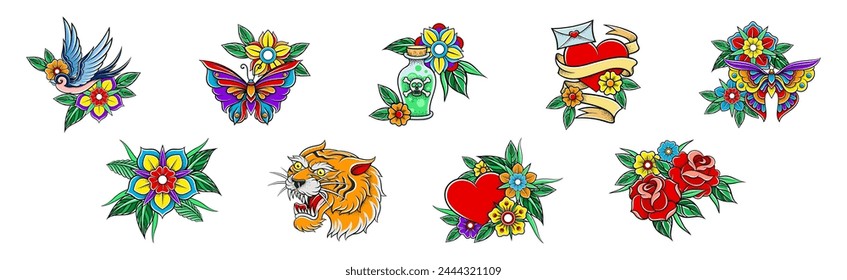 Old School Badges with Rose, Swallow, Butterfly and Tiger Vector Set