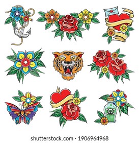 Old School Badges with Tiger and Red Rose Symbols Vector Set