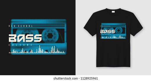 Old school bass t-shirt and apparel trendy design with styled musiccassette, typography, print, vector illustration. Global swatches.