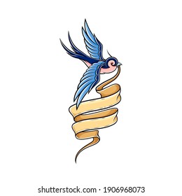 Old School Blue Swallow Holding Banner or Ribbon in Its Beak Vector Illustration