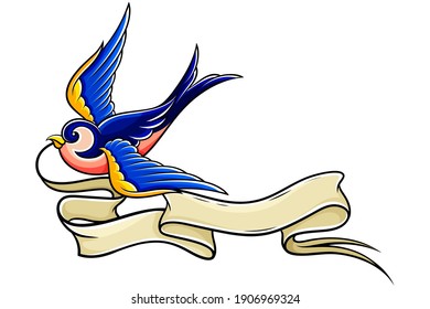 Old School Blue Swallow Holding Banner or Ribbon in Its Beak Vector Illustration