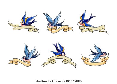 Pancarta o cinta de opciones de la vieja escuela azul de la golondrina azul en su conjunto de vectores de pico