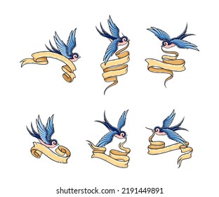 Old School Blue Swallow Holding Banner or Ribbon in Its Beak Vector Set