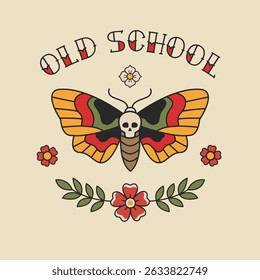 Old School boho Hawkmoth tattoo in traditional style for apparel print design. Hawkmoth butterfly Temporary  tattoo design. Old school tattoo patch or sticker. Editable vector
