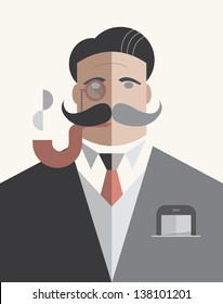 Old school businessman with monocle and smoking pipe with mobile phone in the pocket isolated on white. Vector illustration
