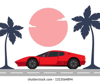 Old school car driving scene with palm beach. Vector illustration.