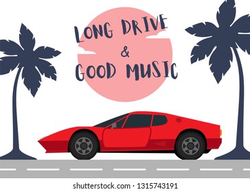 Old school car driving scene with palm beach. Vector illustration.