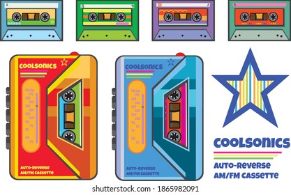 old school cassette player bright colors graphic element